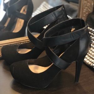 Black Mixed Leather and Suede Heels